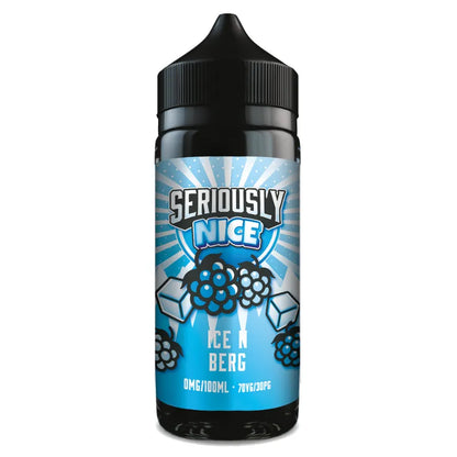 Vape juice bottle with blue label and black cap on a white background
