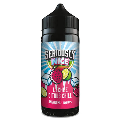 Vape juice bottle with colorful label featuring lychee, citrus, and chill elements on a white background.