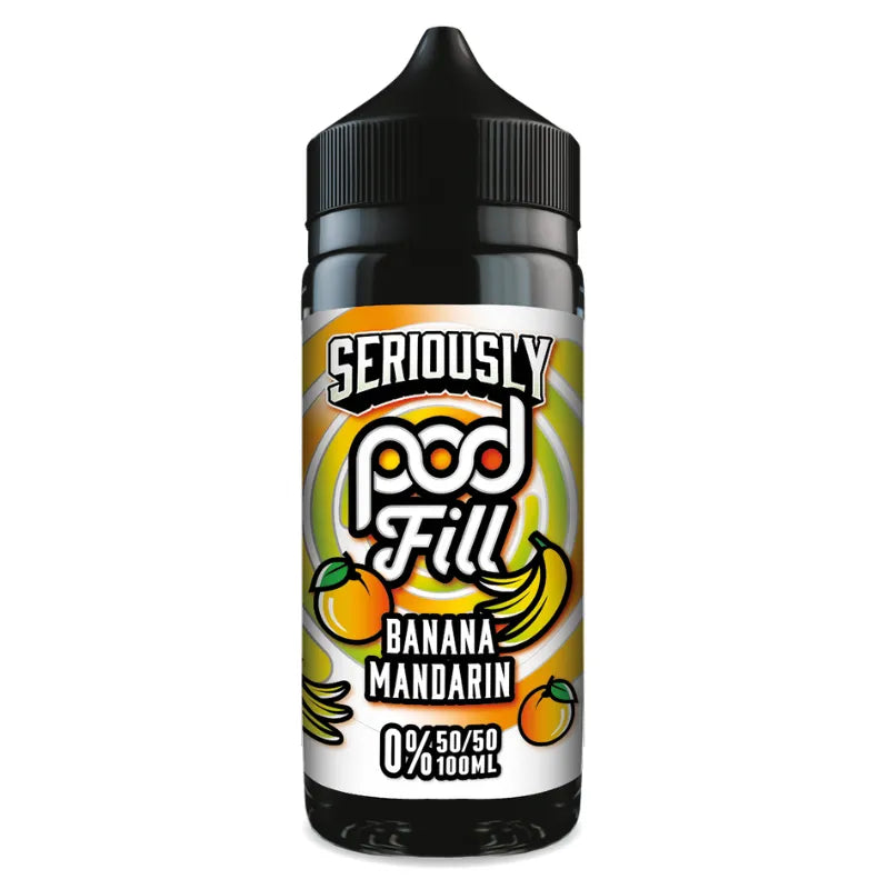 Vape juice bottle labeled 'Seriously Pod Fill Banana Mandarin' on a white background