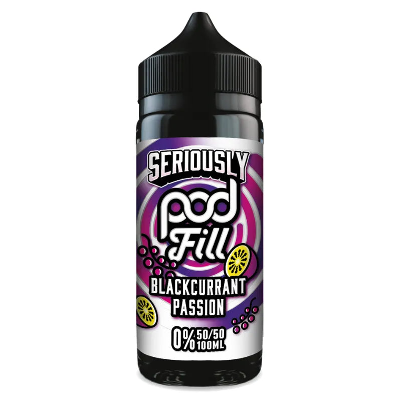 Seriously Pod Fill Blackcurrant Passion vape juice bottle on a white background