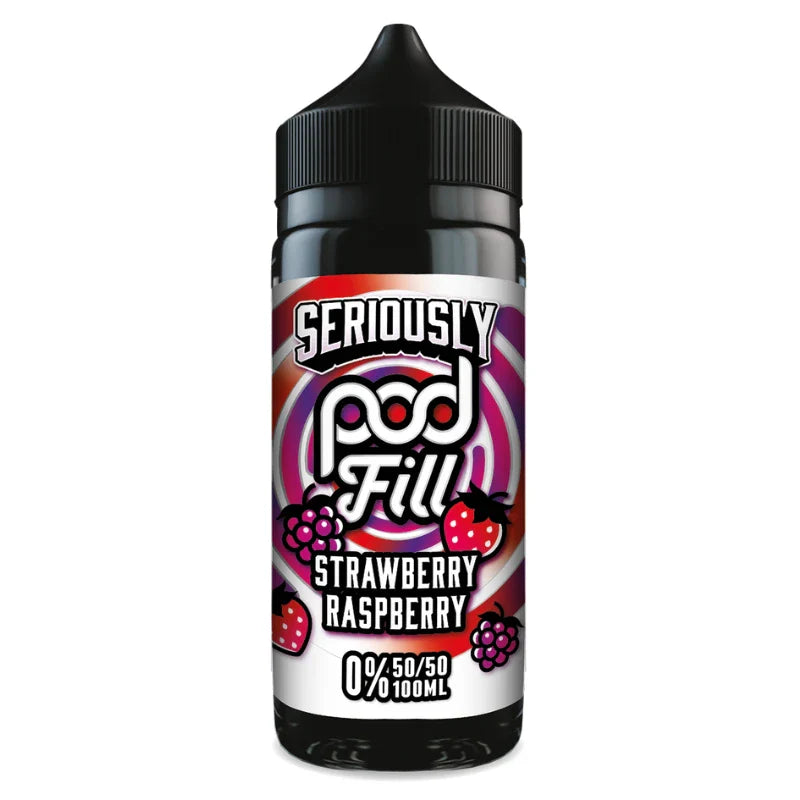 Vape pod bottle labeled 'Seriously Pod Fill Strawberry Raspberry' on a white background