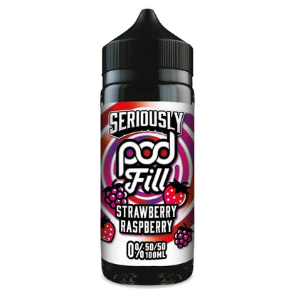 Vape pod bottle labeled 'Seriously Pod Fill Strawberry Raspberry' on a white background