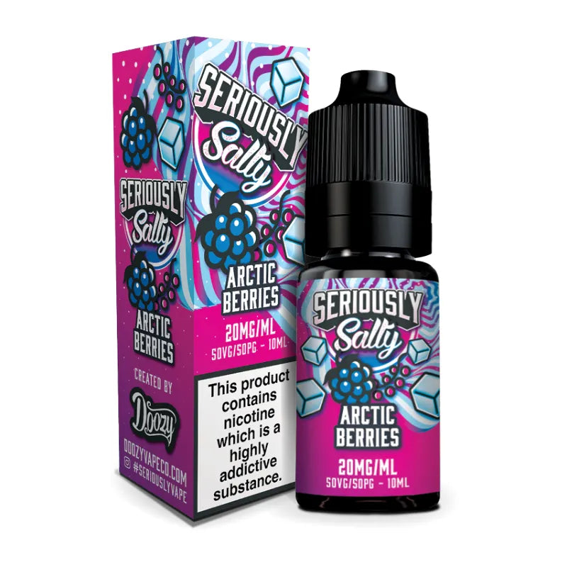 Seriously Salty Arctic Berries vape juice bottle and packaging on a white background