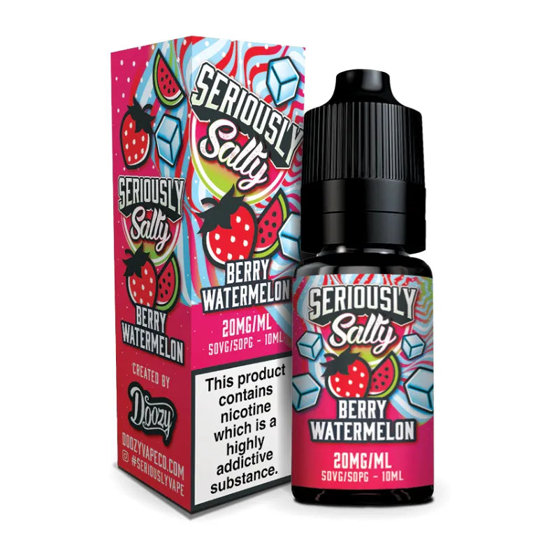 Seriously Salty Berry Watermelon vape juice bottle and packaging on a white background