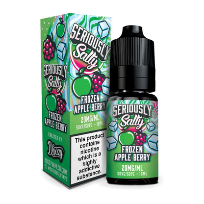 Seriously Salty Frozen Apple Berry vape juice packaging and bottle on a white background