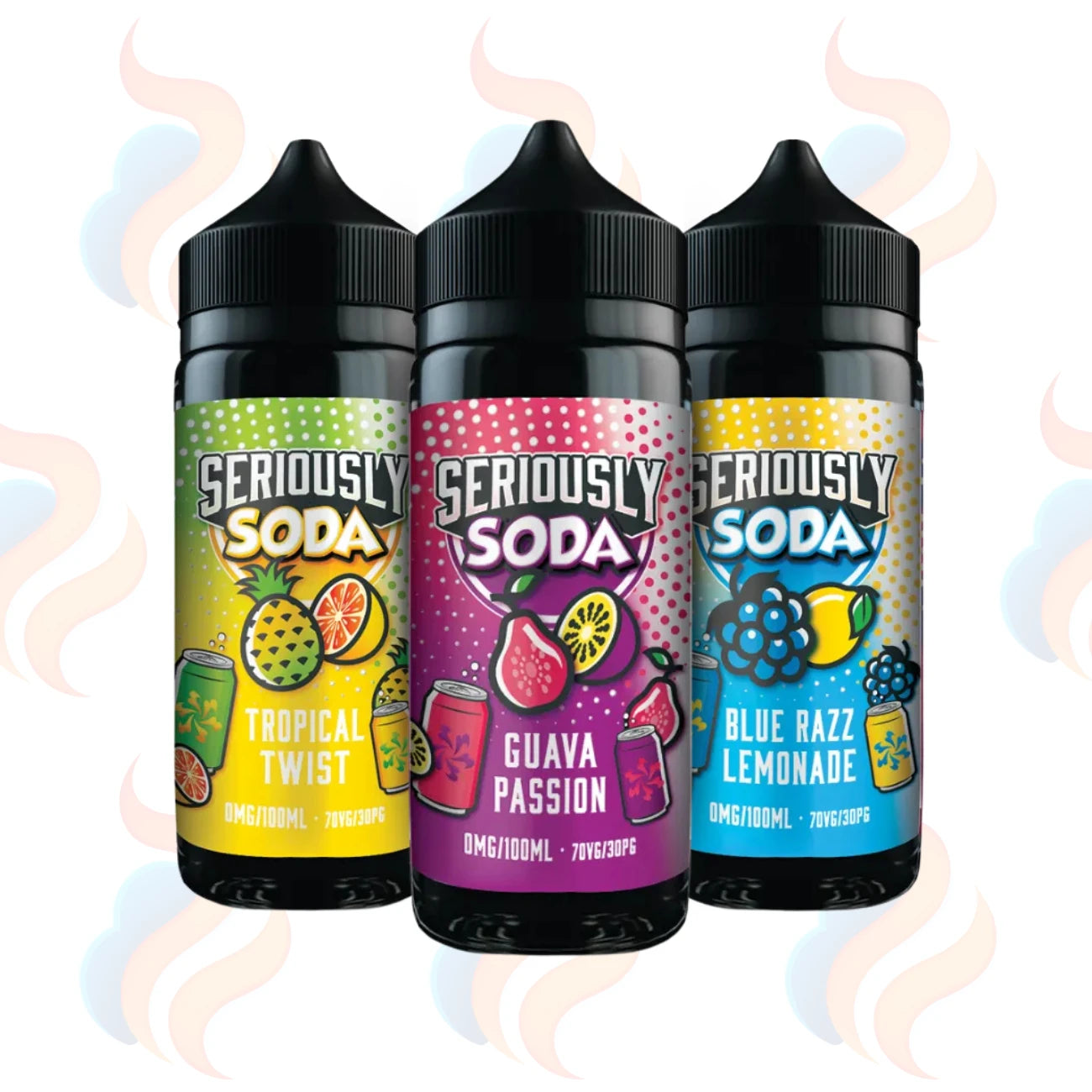 Three Doozy Seriously Soda E-liquids on a white background with UK Vape Supply Logo