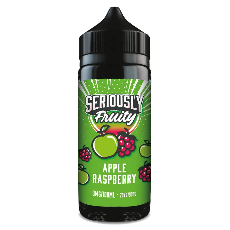 Bottle of Seriously Fruity Apple Raspberry flavor on a white background
