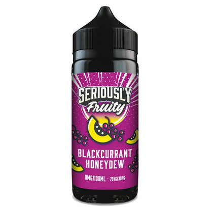 Blackcurrant honeydew vape juice bottle with a pink label on a white background