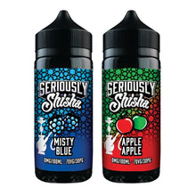Two bottles of 'Seriously Shishia' vape juice with blue and red labels on a white background.