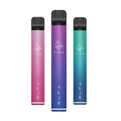 Three gradient-colored vape devices with 'ELFA' branding on a white background