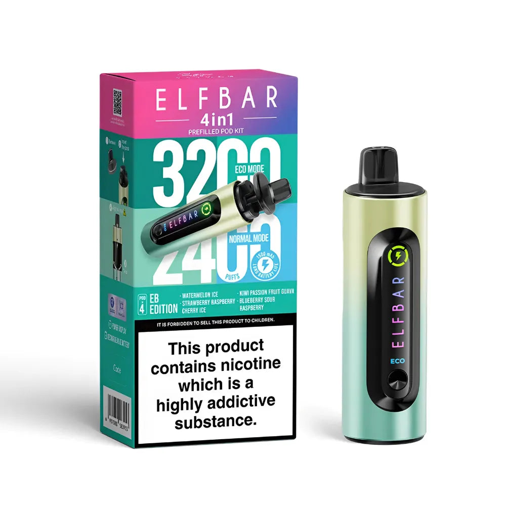 Elf Bar vape device in eb edition edition and packaging on a white background