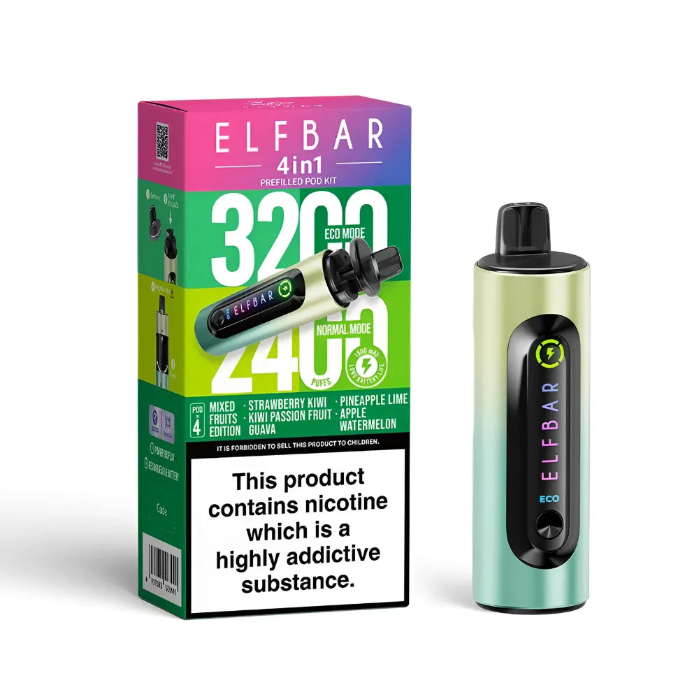 Elf Bar vape device in mixed fruits edition and packaging on a white background