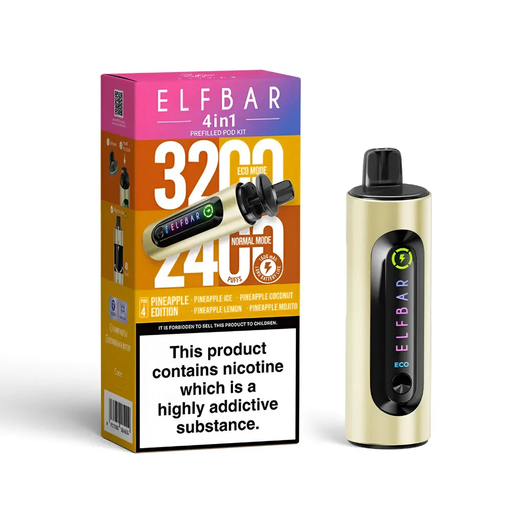 Elf Bar vape device in pineapple edition and packaging on a white background