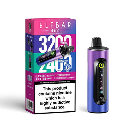 Elf Bar vape device in purple edition and packaging on a white background