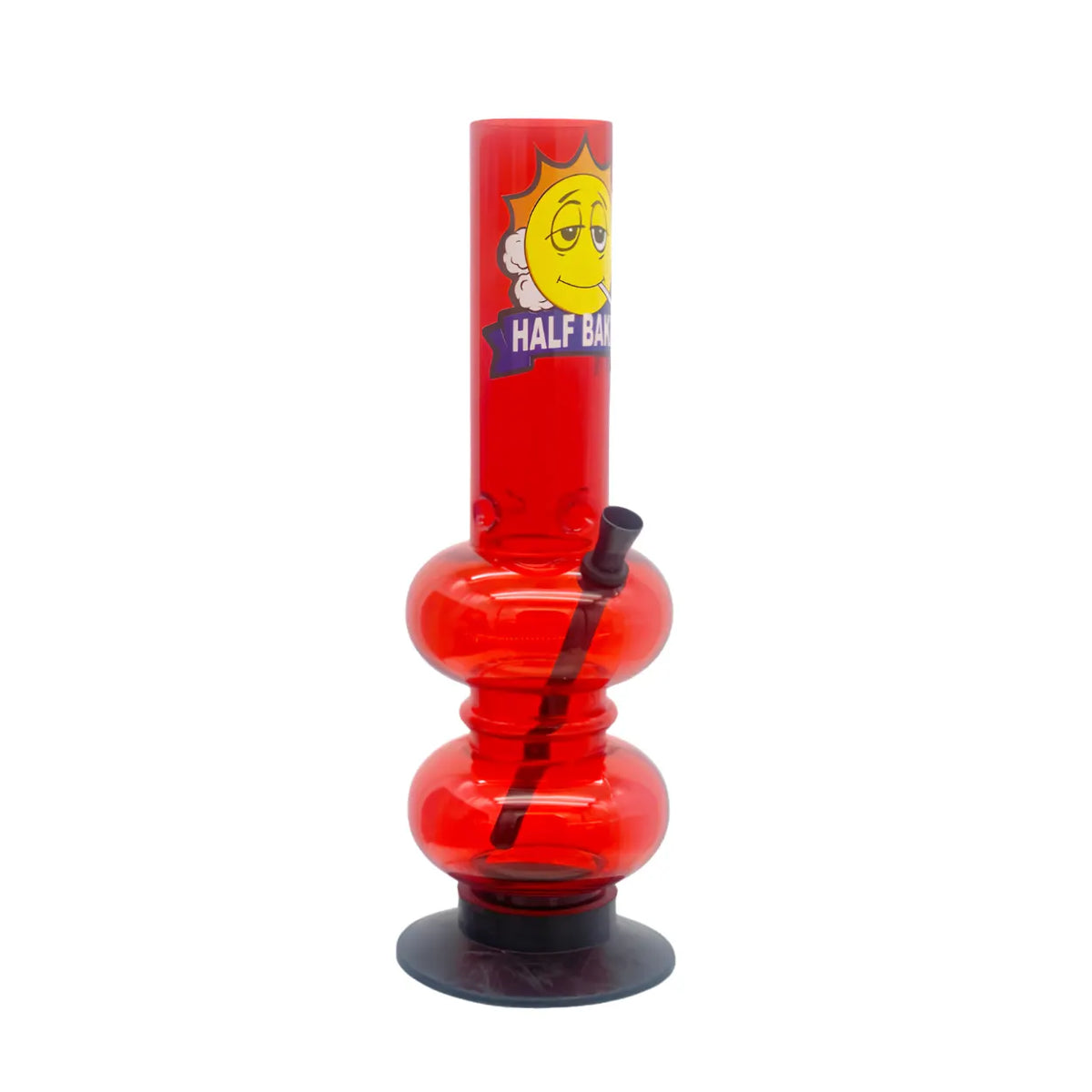 A red glass water pipe with a double-bulb design, a black mouthpiece, and a yellow cartoon sun graphic on the neck with the text 'HALF baked'.