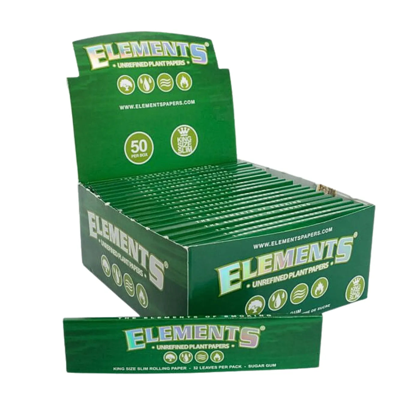 Elements 50-pack green unrefined plant King Size Slim rolling papers eco-friendly