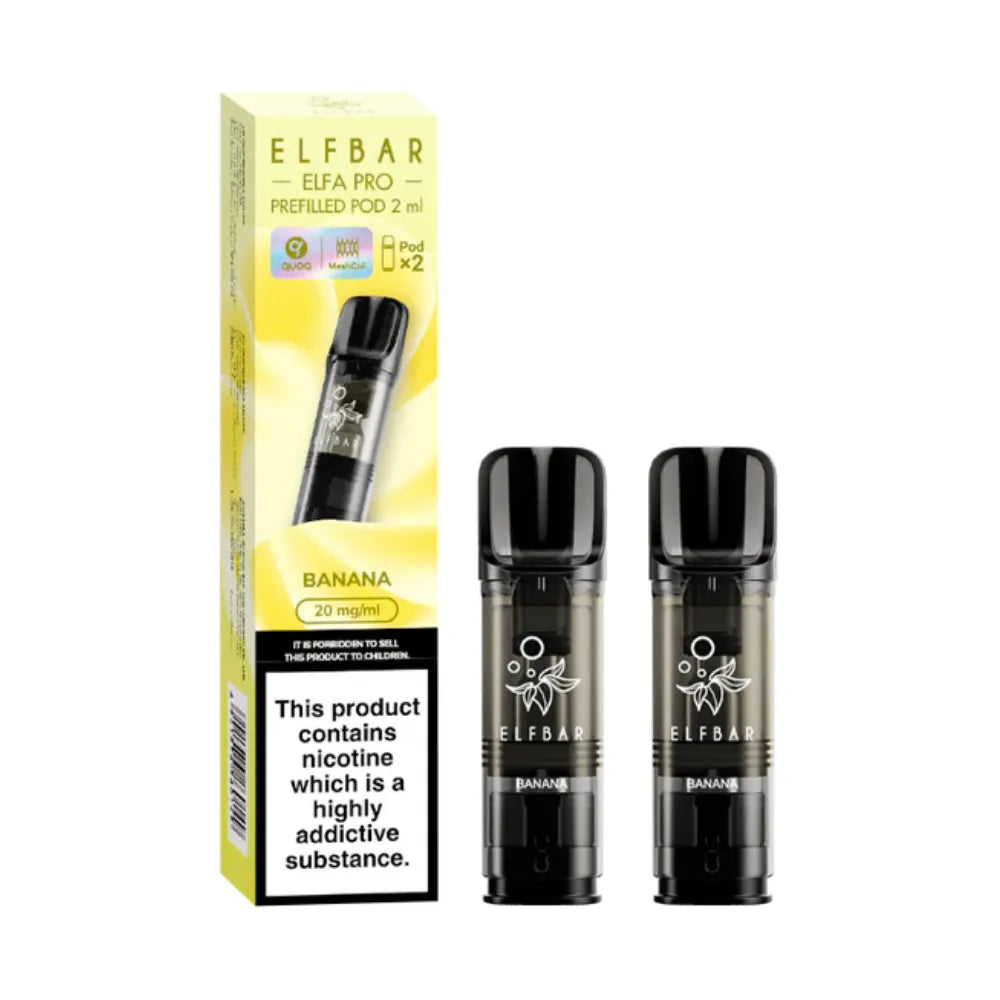 Banana Elfbar Elfa Pro Prefilled Pod and packaging on a white background