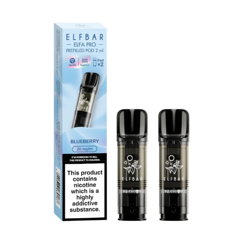 Blueberry Elfbar Elfa Pro Prefilled Pod and packaging on a white background