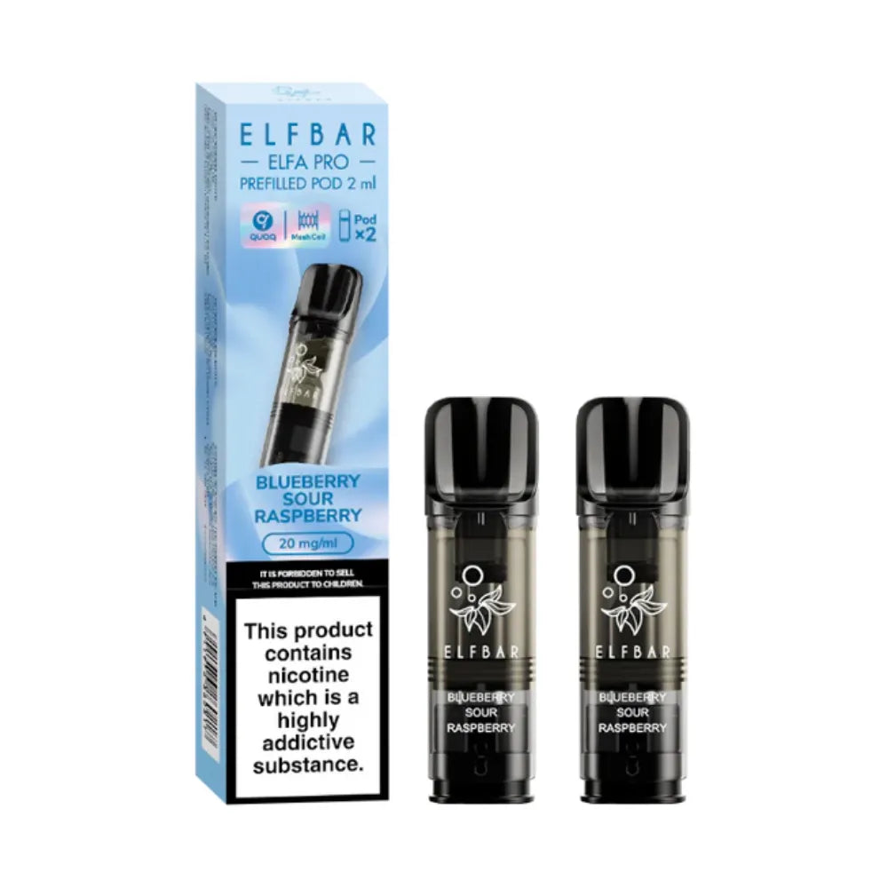 Blueberry Sour Raspberry Elfbar Elfa Pro Prefilled Pod and packaging on a white background
