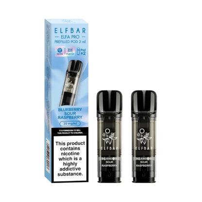Blueberry Sour Raspberry Elfbar Elfa Pro Prefilled Pod and packaging on a white background