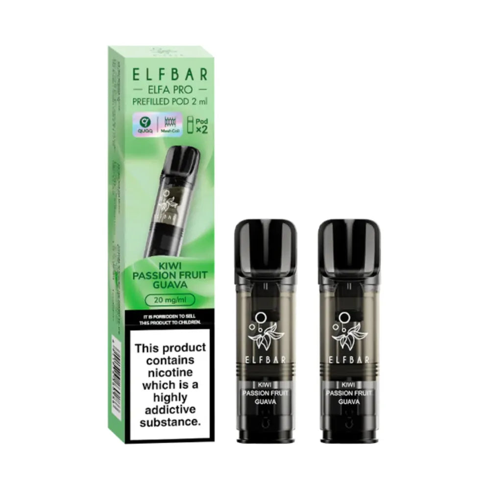 Kiwi Passionfruit Guava Elfbar Elfa Pro Prefilled Pod and packaging on a white background