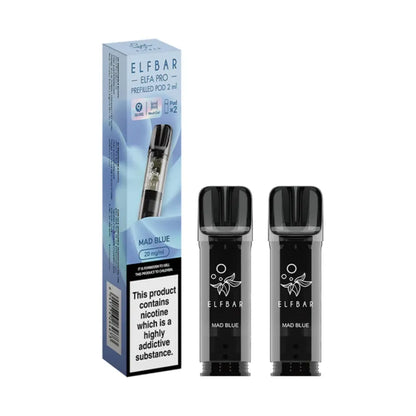 Mad Blue Elfbar Elfa Pro Prefilled Pod and packaging on a white background