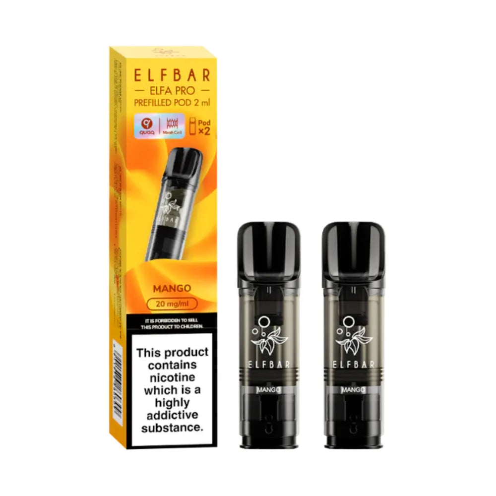 Mango Elfbar Elfa Pro Prefilled Pod and packaging on a white background