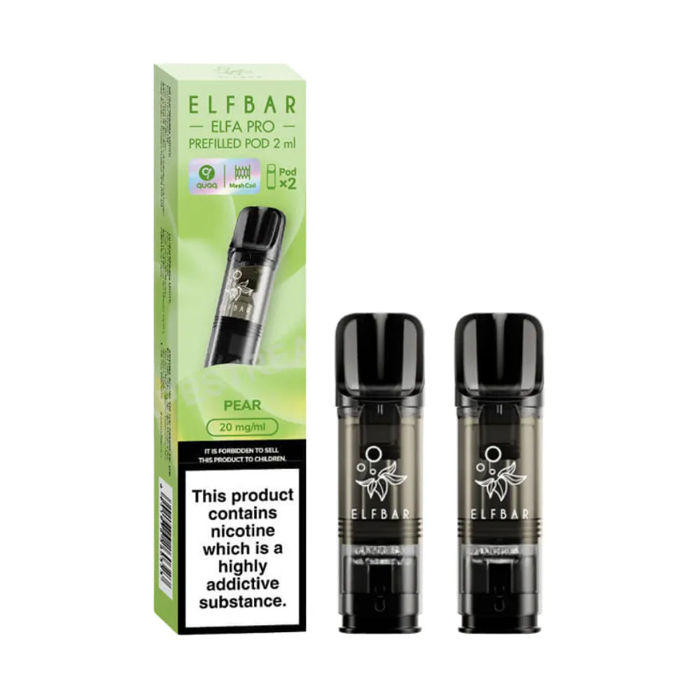 Pear Elfbar Elfa Pro Prefilled Pod and packaging on a white background