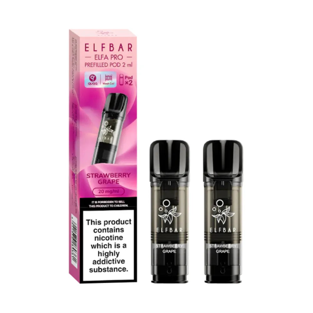 Strawberry Grape Elfbar Elfa Pro Prefilled Pod and packaging on a white background