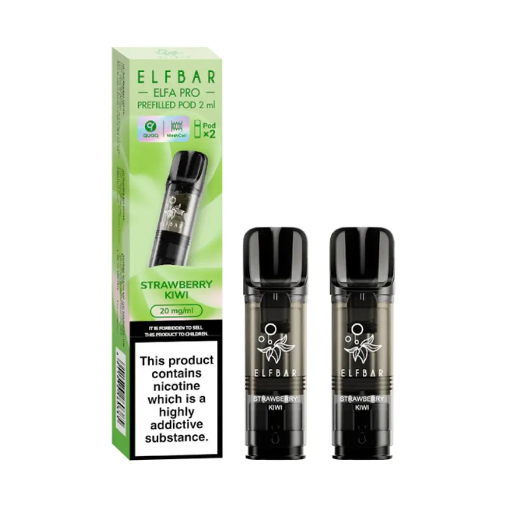 strawberry kiwi Elfbar Elfa Pro Prefilled Pod and packaging on a white background