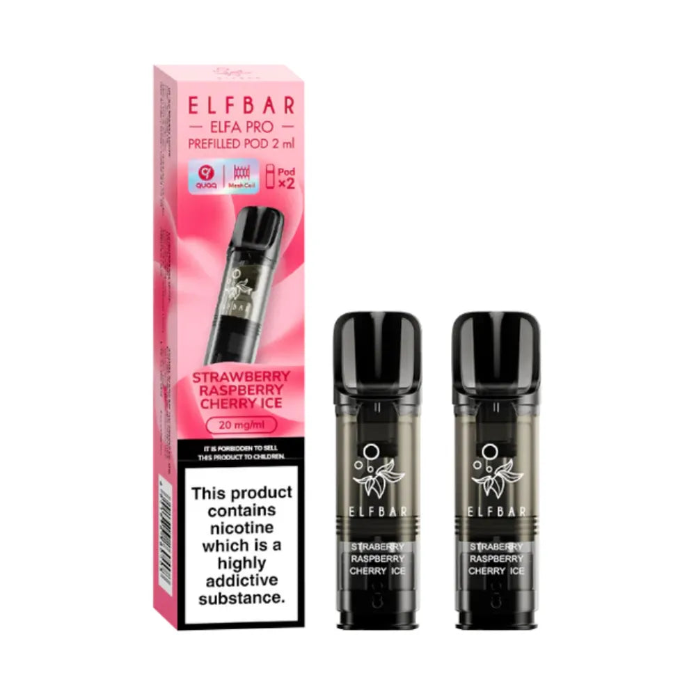 Strawberry raspberry cherry ice Elfbar Elfa Pro Prefilled Pod and packaging on a white background