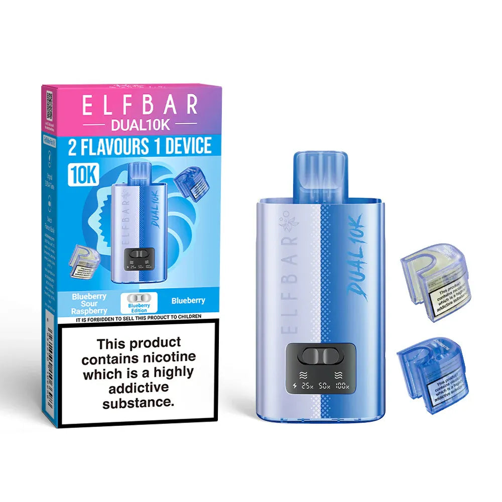 Elf Bar Dual 10K vaping device and packaging on a white background