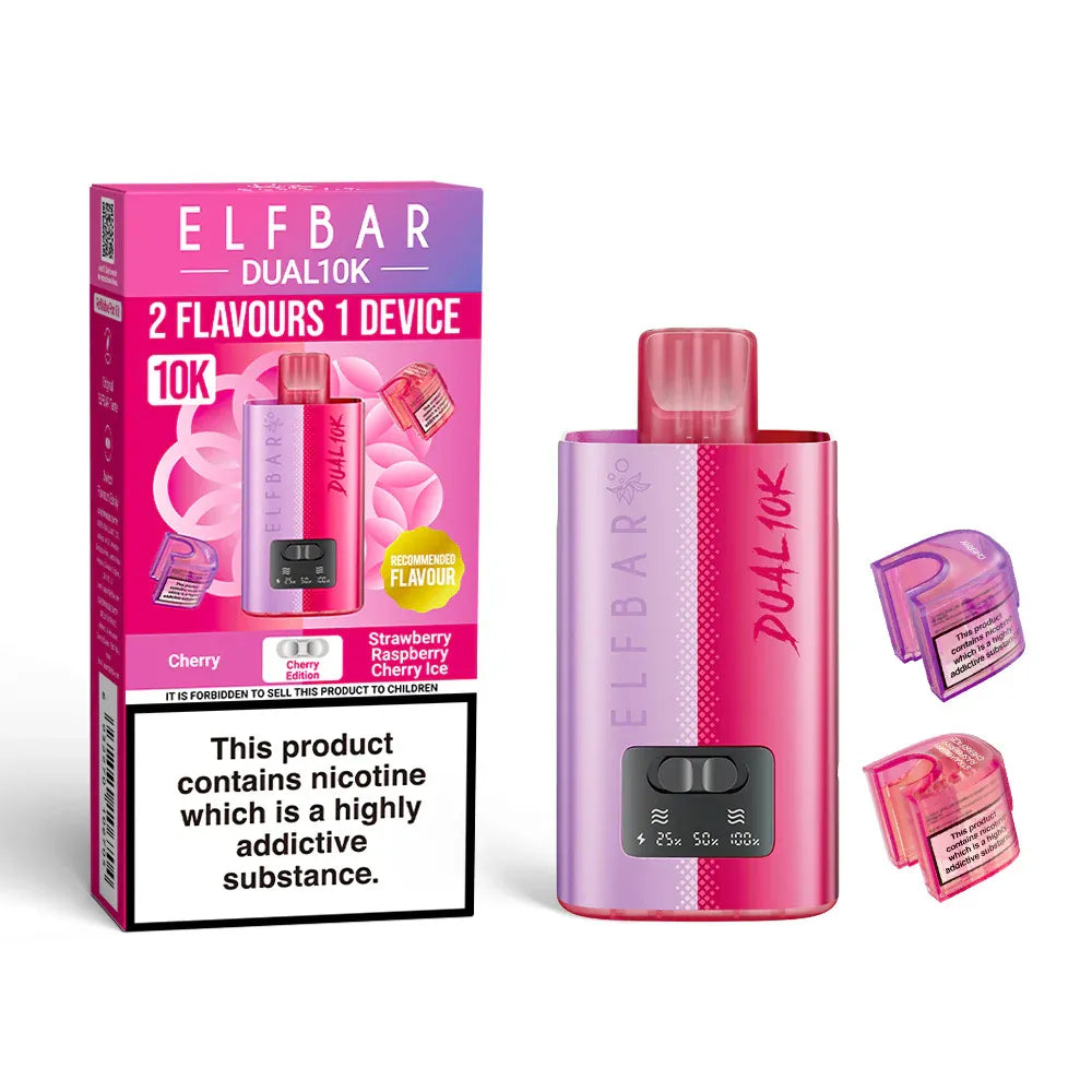 Pink ELF BAR Dual 10K vaping device with packaging and a pod on a white background