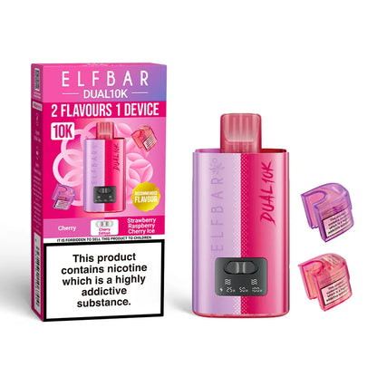 Pink ELF BAR Dual 10K vaping device with packaging and a pod on a white background