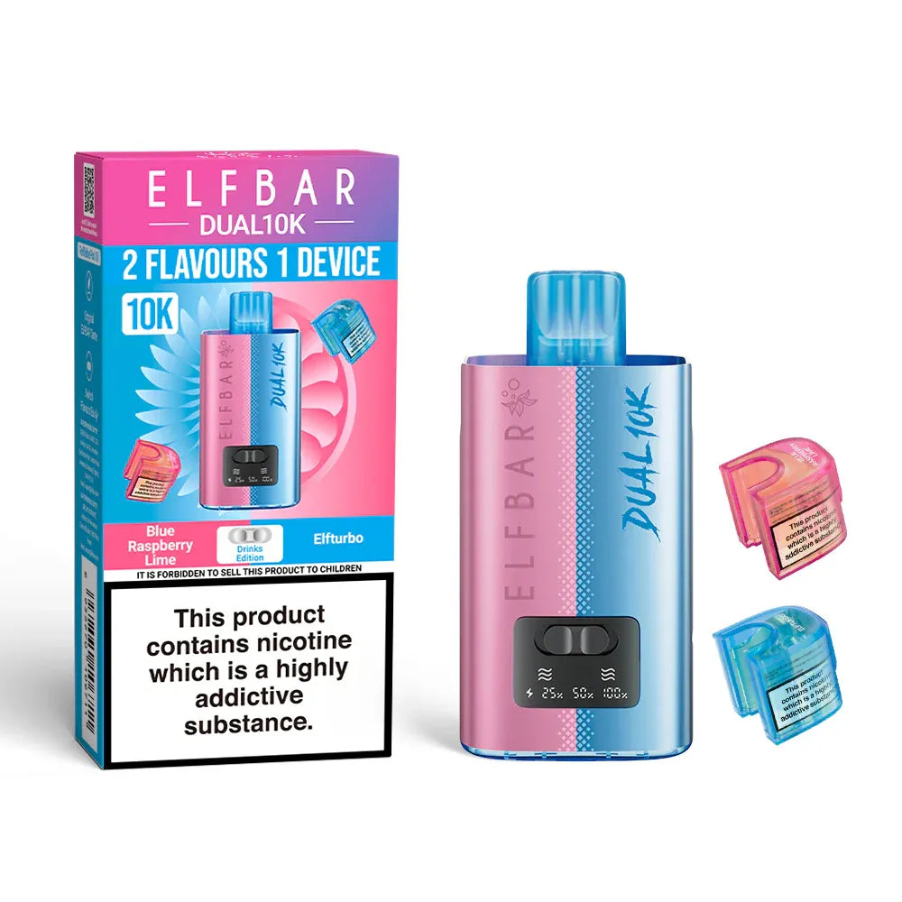 Elf Bar Dual 10K vape device and packaging on a white background