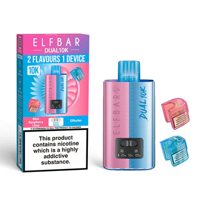 Elf Bar Dual 10K vape device and packaging on a white background