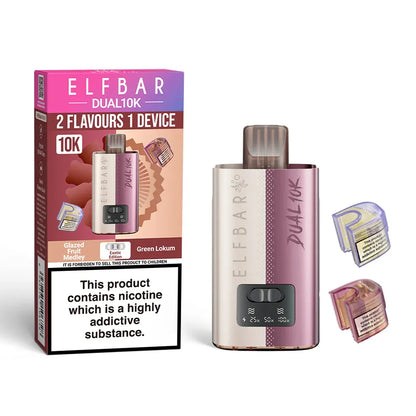 Elf Bar Dual 10K vaping device and packaging on a white background