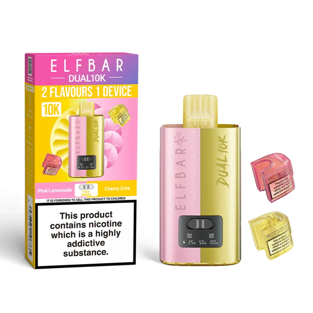 Elf Bar Dual 10K vaping device and packaging on a white background