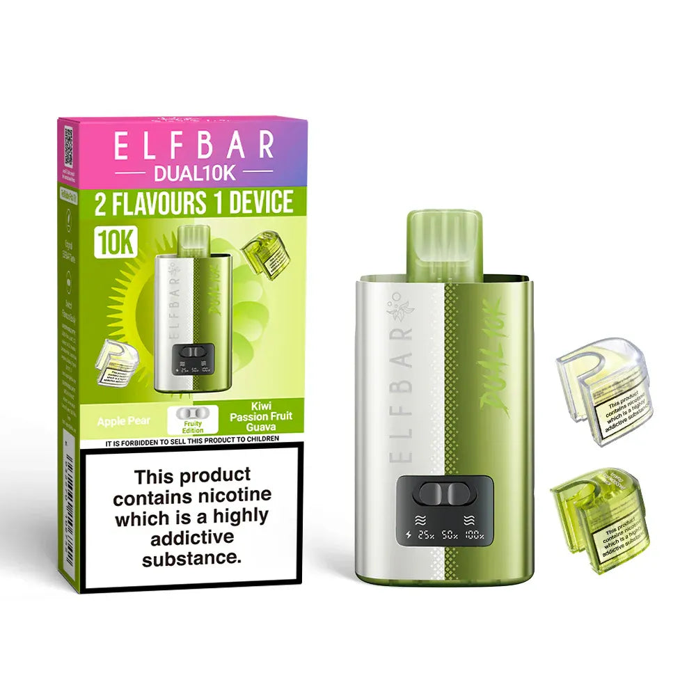 Elf Bar Dual vaping device packaging with green and pink design on a white background