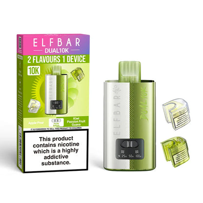 Elf Bar Dual vaping device packaging with green and pink design on a white background