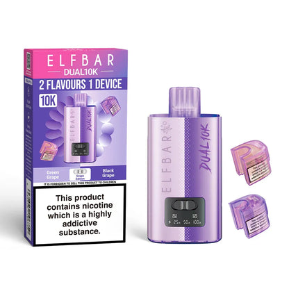 Elf Bar Dual 10K vaping device and packaging on a white background