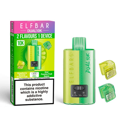 Elf Bar Dual 10K vape device and packaging on a white background
