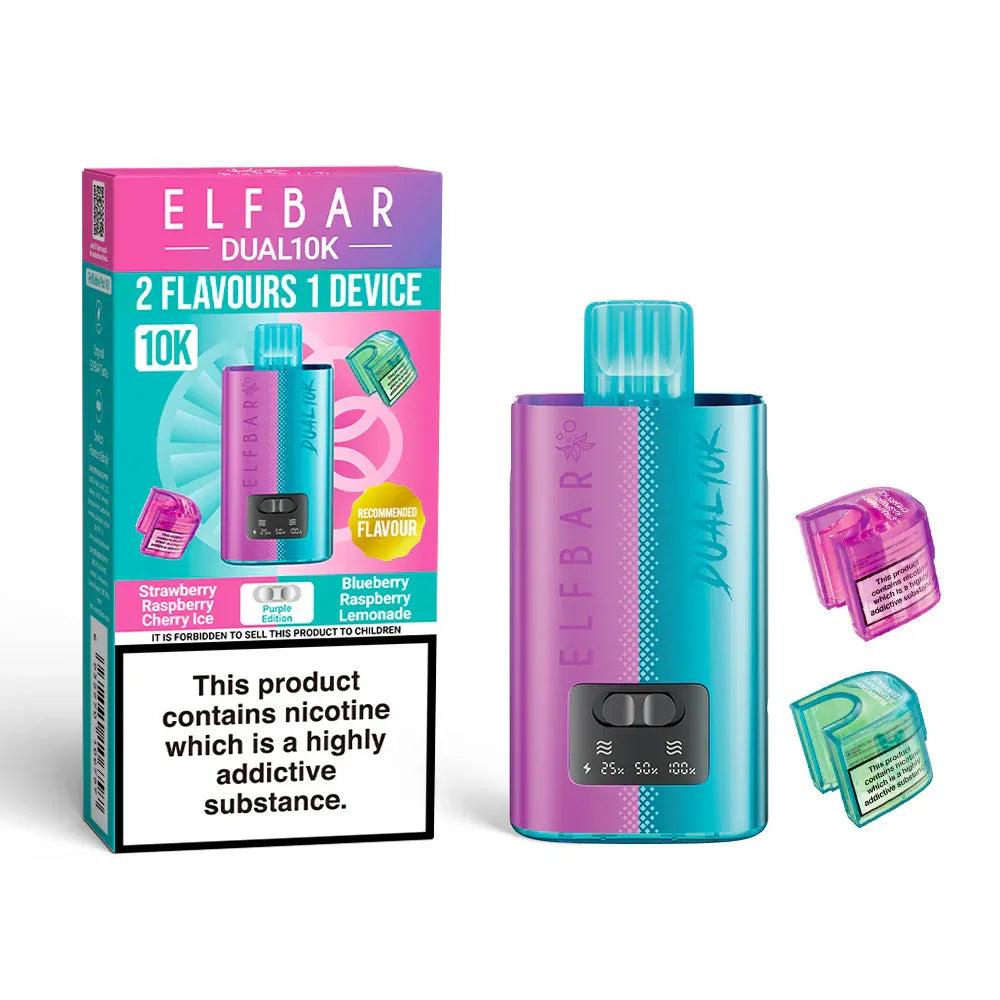 Elf Bar Dual 10K vape device with packaging and accessories on a white background