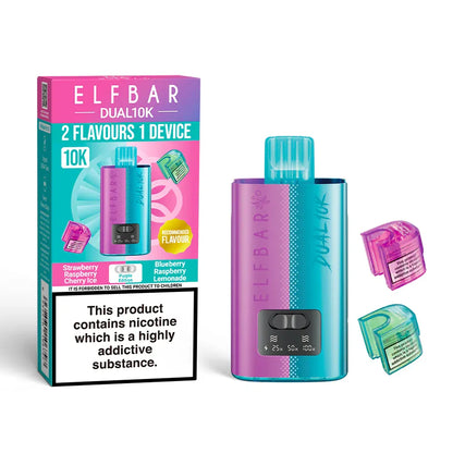 Elf Bar Dual 10K vape device with packaging and accessories on a white background