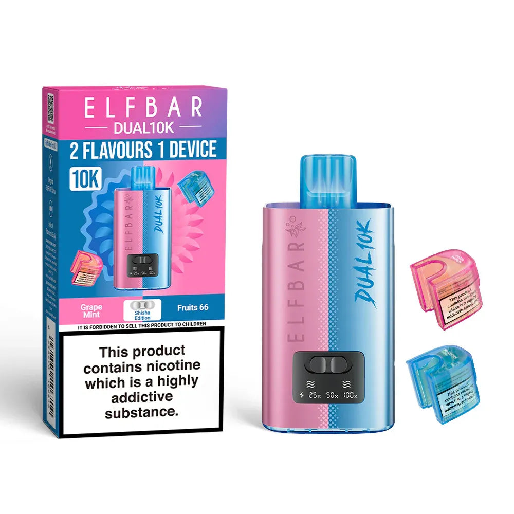 Elf Bar Dual 10K vape device and packaging on a white background