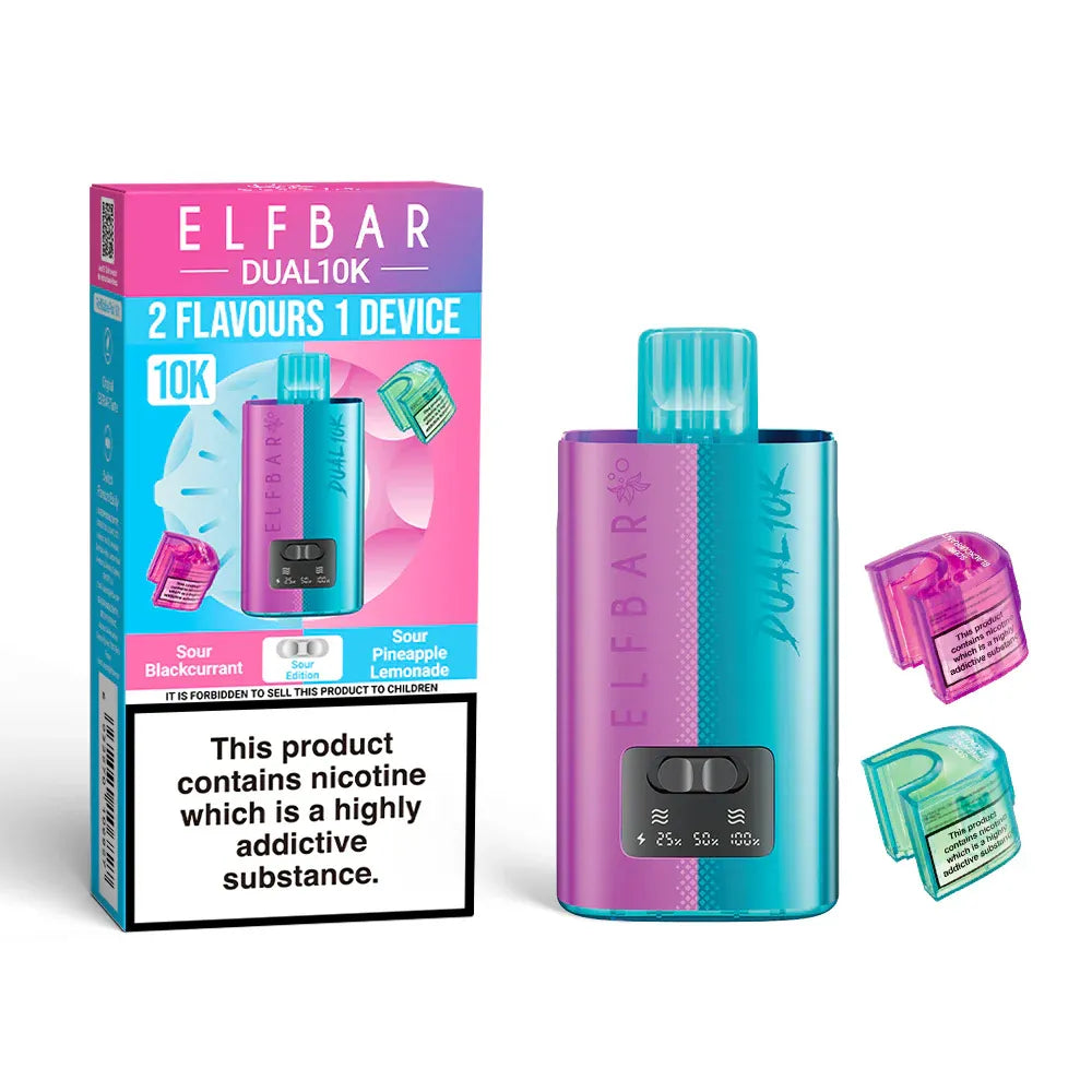 Elf Bar Dual 10K vaping device and packaging on a white background