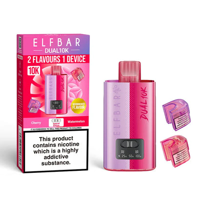 Pink ELF BAR Dual 10K vaping device with packaging and pods on a white background