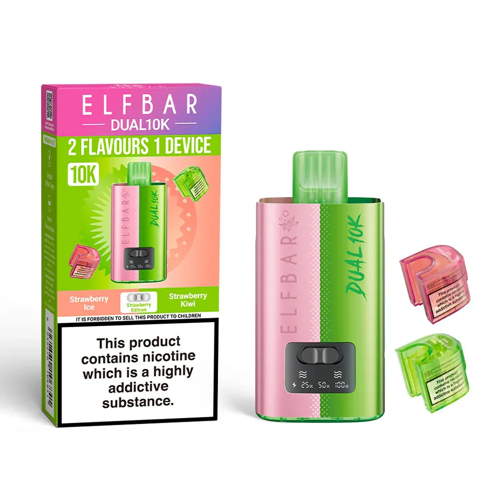 Elf Bar Dual 10K vape device and packaging on a white background