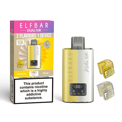 Elf Bar Dual 10K vaping device and packaging on a white background
