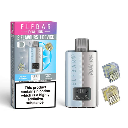 Elf Bar Dual 10K vaping device with packaging and accessories on a white background